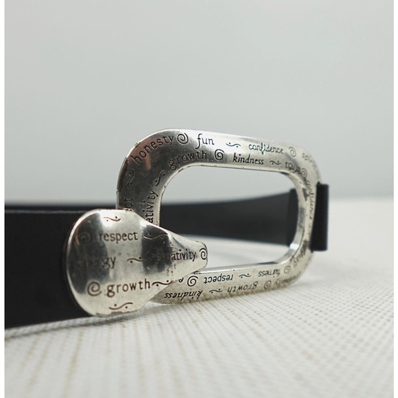 Chicos Belt Womens M-L Black Silver Tone Hook Buckle "Positive Words" Engraved - Picture 5 of 14